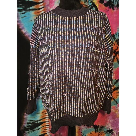 90s Susan Betrd Weekend Navy Yellow Pink Textured Stretch Sweater Size L/XL - Picture 2 of 8